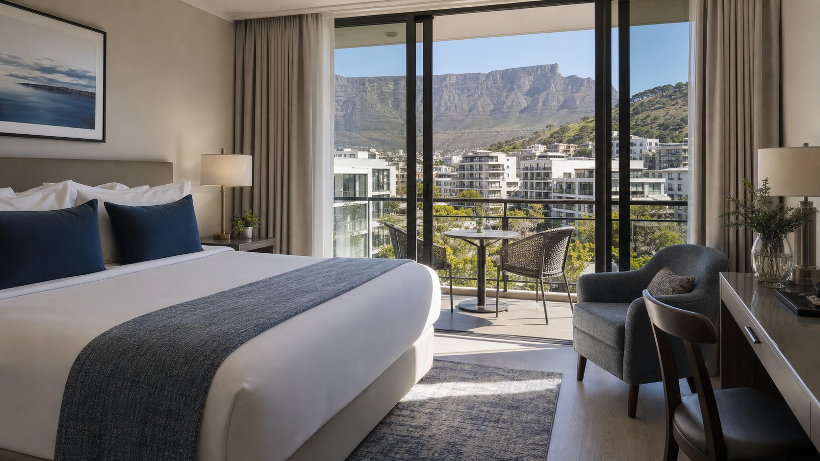 Modern Cape Town hotel bedroom with balcony and mountain view