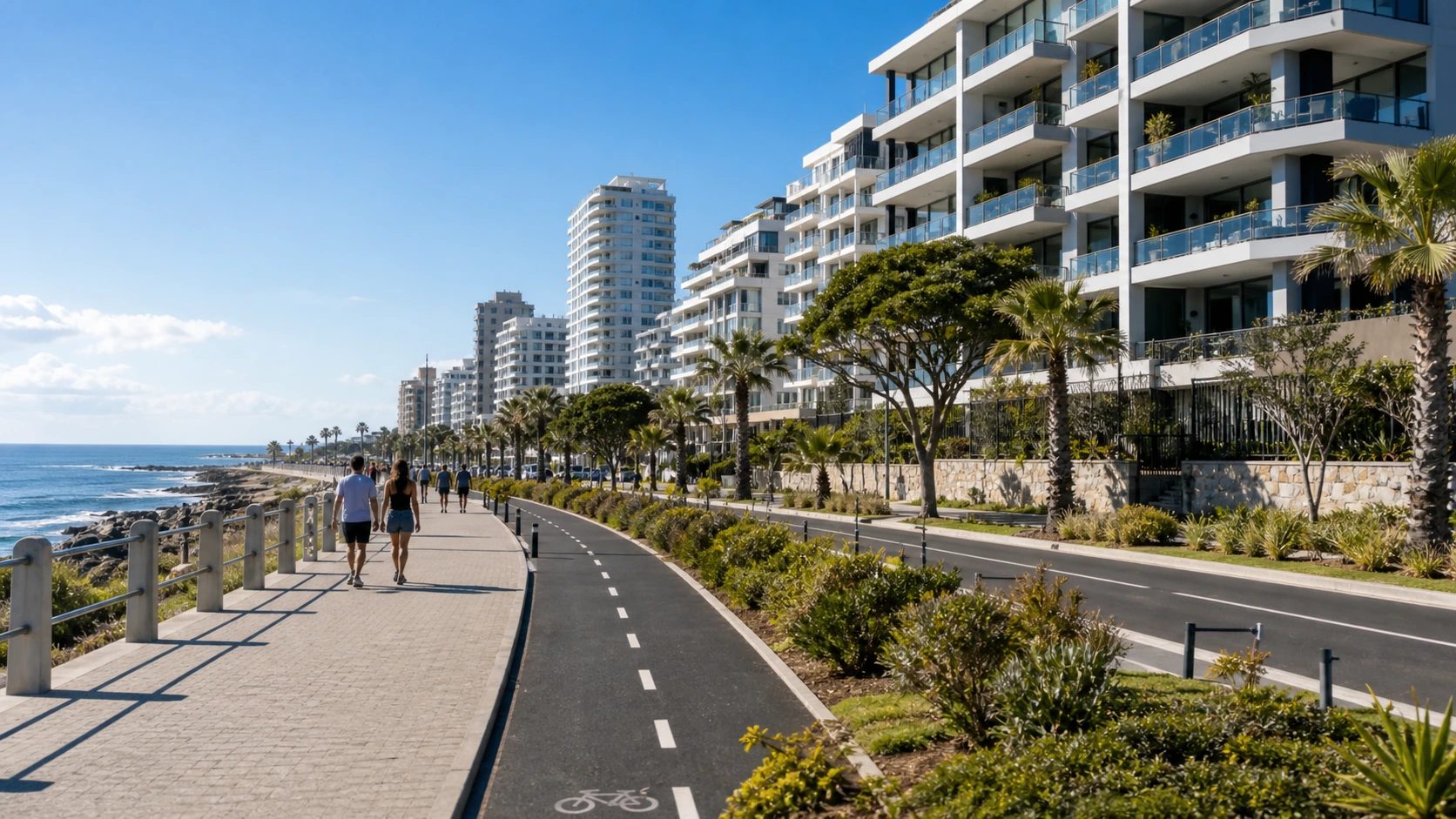 Sea Point promenade with modern apartments and ocean nearby